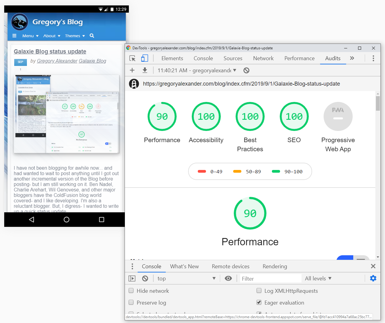 Google Lighthouse Metrics for Galaxie Blog Version 1.35